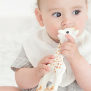 Vol Verwachting - Baby met slabbetje en bijt speelgoed giraffe