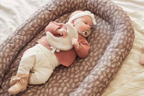Vol Verwachting - Slapende baby in een babynestje met een slaapdoek knuffel