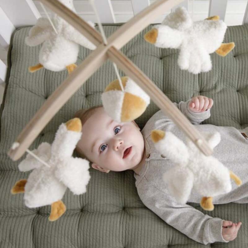 Vol Verwachting - Baby kijkend naar muziek hanger die boven in de box hangt