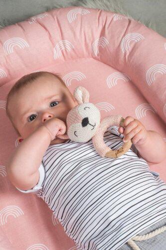 Vol Verwachting - Baby in roze babynestje met een bijtring